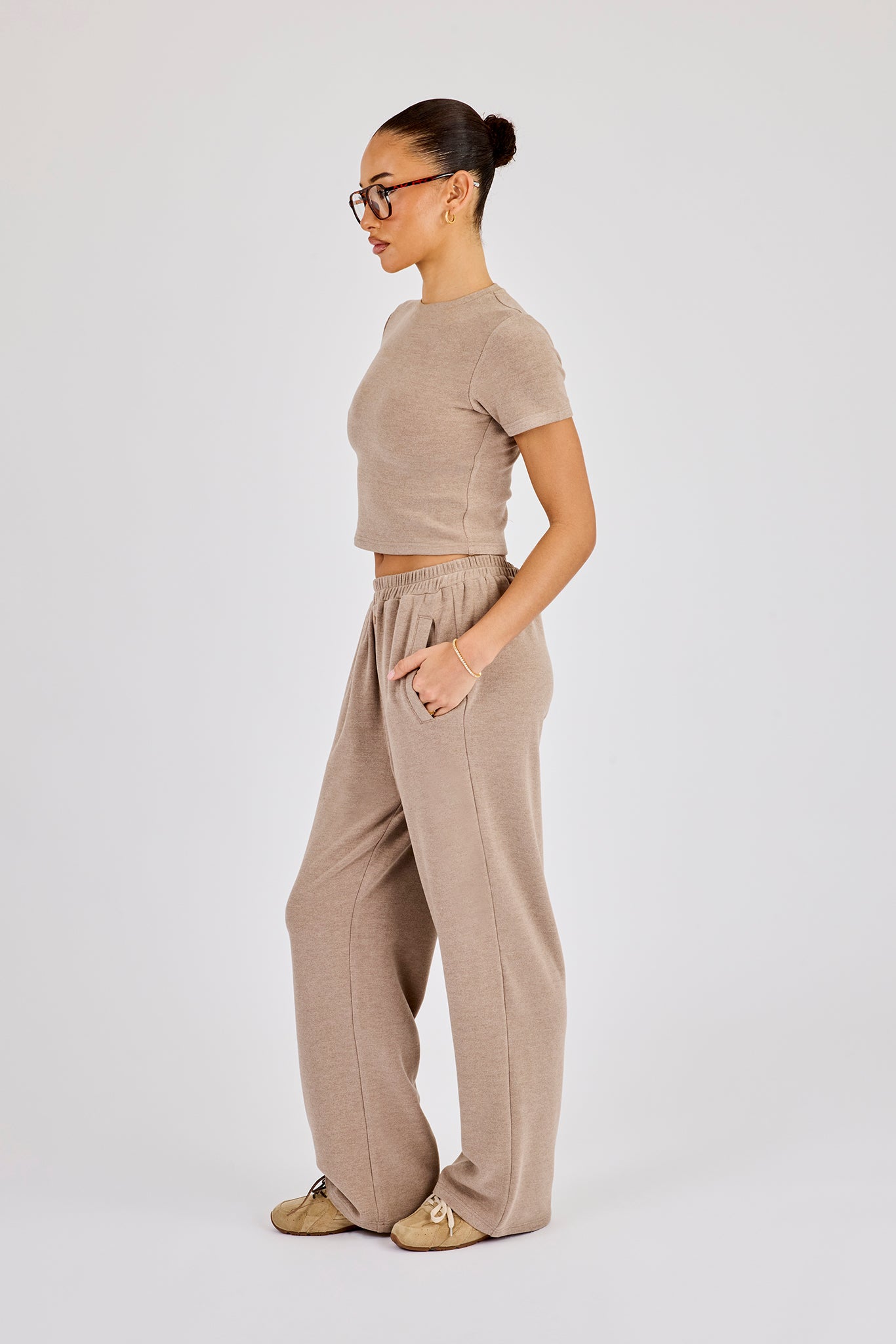 Peached Soft Touch Button Detail Trouser - Taupe